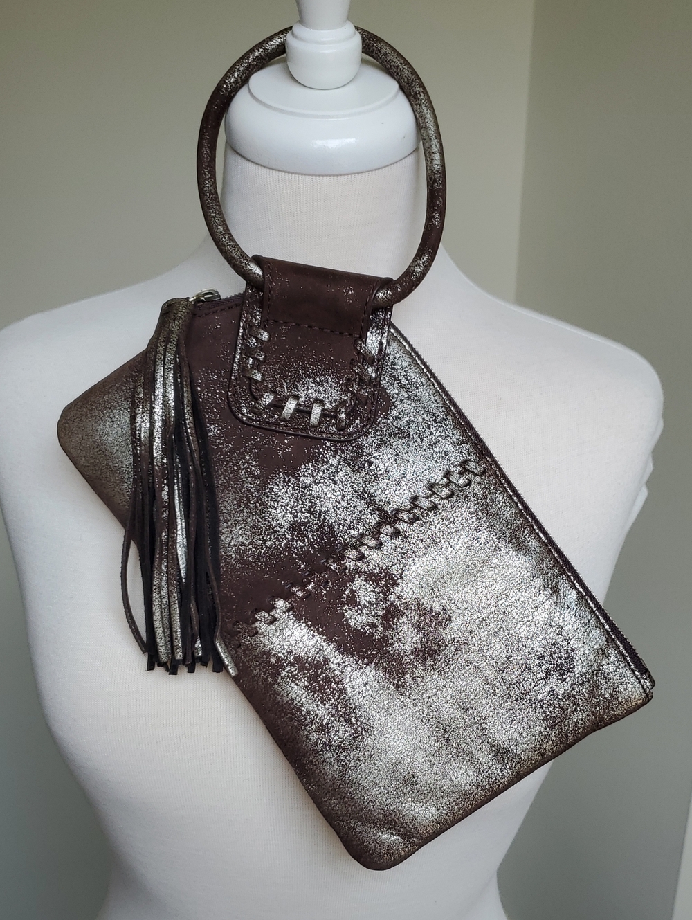 NWOT Hobo "Sable" Leather Wristlet in Silver/Brown "Heavy Metal" Leather